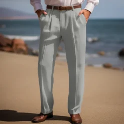 Men's Linen Pants Trousers Summer Pants Front Pocket Pleats Straight Leg Plain Comfort Breathable Casual Daily Holiday Fashion Basic Black White