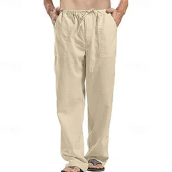 Men's Linen Pants Trousers Summer Pants Beach Pants Pocket Drawstring Elastic Waistband Plain Comfort Breathable Full Length Daily Streetwear Fashion Casual / Sporty Loose Fit Dark Khaki Black