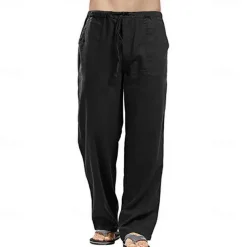 Men's Linen Pants Trousers Summer Pants Beach Pants Pocket Drawstring Elastic Waistband Plain Comfort Breathable Full Length Daily Streetwear Fashion Casual / Sporty Loose Fit Dark Khaki Black