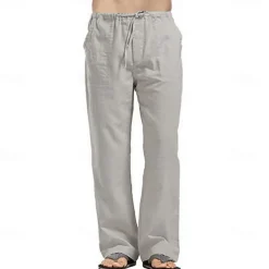 Men's Linen Pants Trousers Summer Pants Beach Pants Pocket Drawstring Elastic Waistband Plain Comfort Breathable Full Length Daily Streetwear Fashion Casual / Sporty Loose Fit Dark Khaki Black