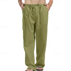 Men's Linen Pants Trousers Summer Pants Beach Pants Pocket Drawstring Elastic Waistband Plain Comfort Breathable Full Length Daily Streetwear Fashion Casual / Sporty Loose Fit Dark Khaki Black