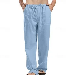 Men's Linen Pants Trousers Summer Pants Beach Pants Pocket Drawstring Elastic Waistband Plain Comfort Breathable Full Length Daily Streetwear Fashion Casual / Sporty Loose Fit Dark Khaki Black