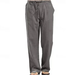 Men's Linen Pants Trousers Summer Pants Beach Pants Pocket Drawstring Elastic Waistband Plain Comfort Breathable Full Length Daily Streetwear Fashion Casual / Sporty Loose Fit Dark Khaki Black