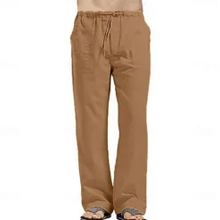Men's Linen Pants Trousers Summer Pants Beach Pants Pocket Drawstring Elastic Waistband Plain Comfort Breathable Full Length Daily Streetwear Fashion Casual / Sporty Loose Fit Dark Khaki Black