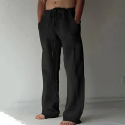 Men's Linen Pants Trousers Summer Pants Beach Pants Pocket Drawstring Elastic Waist Plain Daily Streetwear Fashion Casual Black White