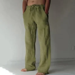 Men's Linen Pants Trousers Summer Pants Beach Pants Pocket Drawstring Elastic Waist Plain Daily Streetwear Fashion Casual Black White