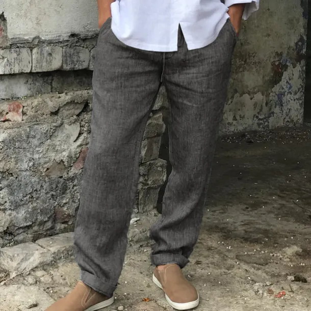 Men's Linen Pants Trousers Summer Pants Beach Pants Drawstring Elastic Waist Straight Leg Plain Comfort Breathable Casual Daily Holiday Streetwear Designer Gray