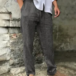 Men's Linen Pants Trousers Summer Pants Beach Pants Drawstring Elastic Waist Straight Leg Plain Comfort Breathable Casual Daily Holiday Streetwear Designer Gray