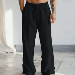 Men's Linen Pants Trousers Summer Pants Front Pocket Pleats Straight Leg Plain Comfort Breathable Full Length Casual Daily Holiday Fashion Basic Dark Khaki Black Micro-elastic