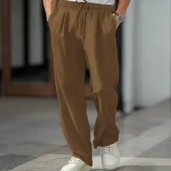 Men's Linen Pants Trousers Summer Pants Front Pocket Pleats Straight Leg Plain Comfort Breathable Full Length Casual Daily Holiday Fashion Basic Dark Khaki Black Micro-elastic