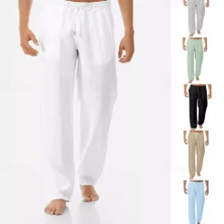 Men's Linen Pants Trousers Summer Pants Beach Pants Pocket Drawstring Elastic Waist Plain Comfort Breathable Vacation Daily Holiday Hawaiian Boho Black White