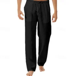 Men's Linen Pants Trousers Summer Pants Beach Pants Pocket Drawstring Elastic Waist Plain Comfort Breathable Vacation Daily Holiday Hawaiian Boho Black White