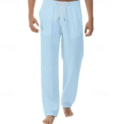 Men's Linen Pants Trousers Summer Pants Beach Pants Pocket Drawstring Elastic Waist Plain Comfort Breathable Vacation Daily Holiday Hawaiian Boho Black White