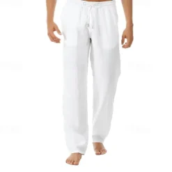 Men's Linen Pants Trousers Summer Pants Beach Pants Pocket Drawstring Elastic Waist Plain Comfort Breathable Vacation Daily Holiday Hawaiian Boho Black White