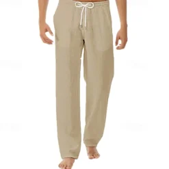 Men's Linen Pants Trousers Summer Pants Beach Pants Pocket Drawstring Elastic Waist Plain Comfort Breathable Vacation Daily Holiday Hawaiian Boho Black White