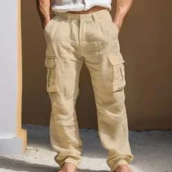 Men's Linen Pants Trousers Summer Pants Multi Pocket Straight Leg Plain Comfort Breathable Full Length Outdoor Daily Going out Fashion Streetwear Black White