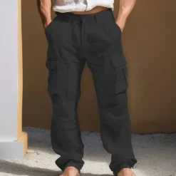 Men's Linen Pants Trousers Summer Pants Multi Pocket Straight Leg Plain Comfort Breathable Full Length Outdoor Daily Going out Fashion Streetwear Black White