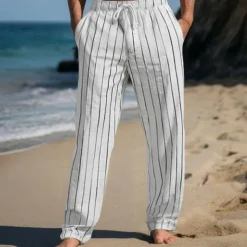 Men's Linen Pants Trousers Summer Pants Beach Pants Elastic Waist Drawstring Straight Leg Stripe Comfort Breathable Full Length Casual Daily Holiday Vacation Fashion Black White