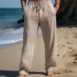 Men's Linen Pants Trousers Summer Pants Beach Pants Elastic Waist Drawstring Straight Leg Stripe Comfort Breathable Full Length Casual Daily Holiday Vacation Fashion Black White