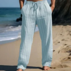 Men's Linen Pants Trousers Summer Pants Beach Pants Elastic Waist Drawstring Straight Leg Stripe Comfort Breathable Full Length Casual Daily Holiday Vacation Fashion Black White