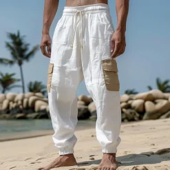 Men's Linen Pants Trousers Summer Pants Drawstring Elastic Waist Multi Pocket Plain Comfort Breathable Full Length Casual Daily Holiday Fashion Classic Style Black White Micro-elastic