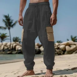 Men's Linen Pants Trousers Summer Pants Drawstring Elastic Waist Multi Pocket Plain Comfort Breathable Full Length Casual Daily Holiday Fashion Classic Style Black White Micro-elastic