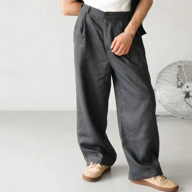 Men's Linen Pants Trousers Summer Pants Beach Pants Buttons Pocket Plain Comfort Breathable Vacation Daily Holiday Hawaiian Boho Black Khaki