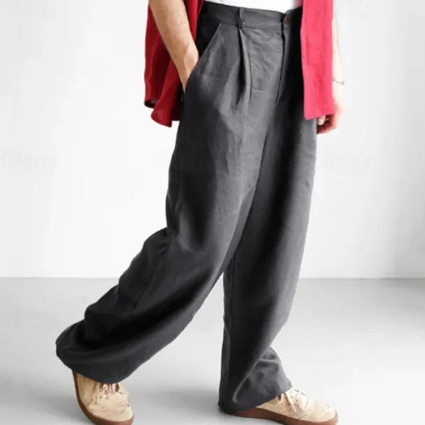 Men's Linen Pants Trousers Summer Pants Beach Pants Buttons Pocket Plain Comfort Breathable Vacation Daily Holiday Hawaiian Boho Black Khaki