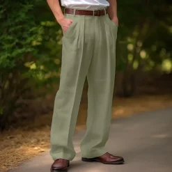 Men's Linen Pants Trousers Summer Pants Front Pocket Pleats Straight Leg Plain Comfort Breathable Casual Daily Holiday Fashion Basic Black White