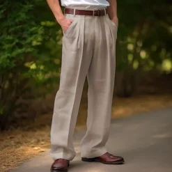 Men's Linen Pants Trousers Summer Pants Front Pocket Pleats Straight Leg Plain Comfort Breathable Casual Daily Holiday Fashion Basic Black White