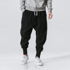 Men's Linen Pants Trousers Patchwork Drawstring Harem Solid Color Breathable Quick Dry Street Casual Athleisure Loose Fit Black Gray Micro-elastic / Winter / Cropped Pants / Moisture Wicking