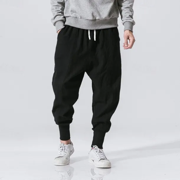 Men's Linen Pants Trousers Patchwork Drawstring Harem Solid Color Breathable Quick Dry Street Casual Athleisure Loose Fit Black Gray Micro-elastic / Winter / Cropped Pants / Moisture Wicking