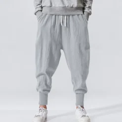 Men's Linen Pants Trousers Patchwork Drawstring Harem Solid Color Breathable Quick Dry Street Casual Athleisure Loose Fit Black Gray Micro-elastic / Winter / Cropped Pants / Moisture Wicking