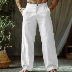 Men's Linen Pants Trousers Summer Pants Beach Pants Buttons Pocket Straight Leg Plain Comfort Breathable Vacation Daily Holiday Hawaiian Boho Black White