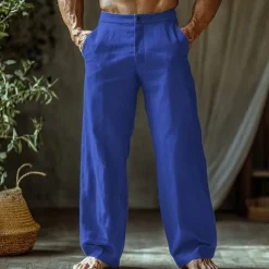 Men's Linen Pants Trousers Summer Pants Beach Pants Buttons Pocket Straight Leg Plain Comfort Breathable Vacation Daily Holiday Hawaiian Boho Black White