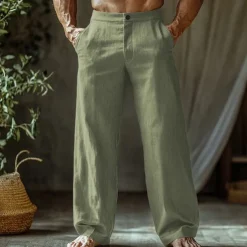 Men's Linen Pants Trousers Summer Pants Beach Pants Buttons Pocket Straight Leg Plain Comfort Breathable Vacation Daily Holiday Hawaiian Boho Black White