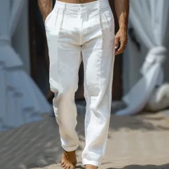 Men's Linen Pants Trousers Summer Pants Front Pocket Straight Leg Plain Comfort Breathable Casual Daily Holiday Fashion Basic White Beige