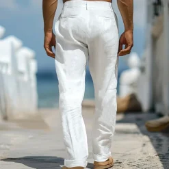 Men's Linen Pants Trousers Summer Pants Front Pocket Straight Leg Plain Comfort Breathable Casual Daily Holiday Fashion Basic White Beige