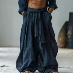 Men's Linen Pants Trousers Summer Pants Drawstring Elastic Waist Wide Leg Plain Comfort Breathable Full Length Casual Daily Holiday Fashion Classic Style Pumpkin White Micro-elastic