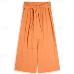 Men's Linen Pants Trousers Summer Pants Drawstring Elastic Waist Wide Leg Plain Comfort Breathable Full Length Casual Daily Holiday Fashion Classic Style Pumpkin White Micro-elastic