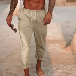 Men's Linen Pants Trousers Summer Pants Drawstring Elastic Waist Plain Comfort Breathable Daily Beach Fashion Simple Black White Micro-elastic