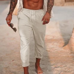 Men's Linen Pants Trousers Summer Pants Drawstring Elastic Waist Plain Comfort Breathable Daily Beach Fashion Simple Black White Micro-elastic