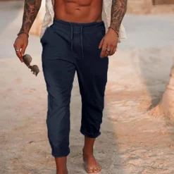 Men's Linen Pants Trousers Summer Pants Drawstring Elastic Waist Plain Comfort Breathable Daily Beach Fashion Simple Black White Micro-elastic