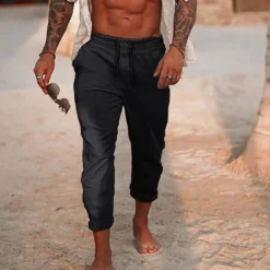 Men's Linen Pants Trousers Summer Pants Drawstring Elastic Waist Plain Comfort Breathable Daily Beach Fashion Simple Black White Micro-elastic