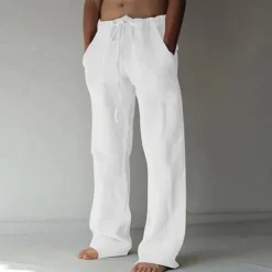 Men's Linen Pants Trousers Summer Pants Pocket Drawstring Plain Comfort Breathable Full Length Yoga Casual Daily Basic Straight Loose Fit Black White Micro-elastic