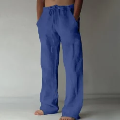 Men's Linen Pants Trousers Summer Pants Pocket Drawstring Plain Comfort Breathable Full Length Yoga Casual Daily Basic Straight Loose Fit Black White Micro-elastic
