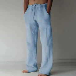 Men's Linen Pants Trousers Summer Pants Pocket Drawstring Plain Comfort Breathable Full Length Yoga Casual Daily Basic Straight Loose Fit Black White Micro-elastic
