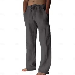Men's Linen Pants Trousers Summer Pants Pocket Drawstring Plain Comfort Breathable Full Length Yoga Casual Daily Basic Straight Loose Fit Black White Micro-elastic