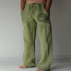 Men's Linen Pants Trousers Summer Pants Beach Pants Print Straight Leg Graphic Sun Soft Outdoor Full Length Home Casual Daily Fashion Streetwear White Blue Micro-elastic