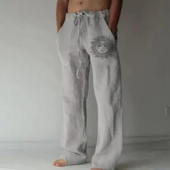 Men's Linen Pants Trousers Summer Pants Beach Pants Print Straight Leg Graphic Sun Soft Outdoor Full Length Home Casual Daily Fashion Streetwear White Blue Micro-elastic